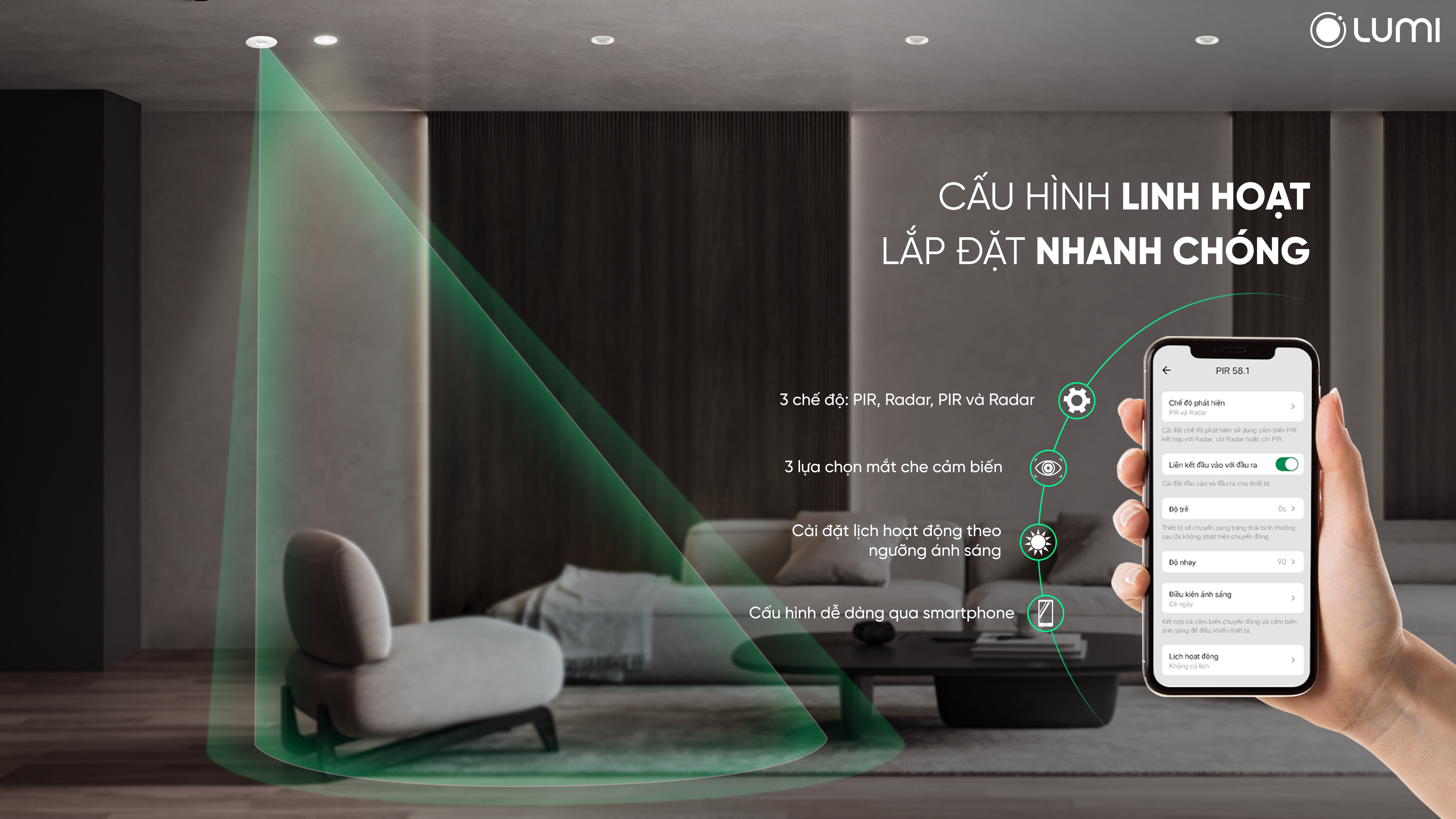 Dễ dàng cấu hình, lắp đặt với cảm biến hiện diện trên app Lumi Life+